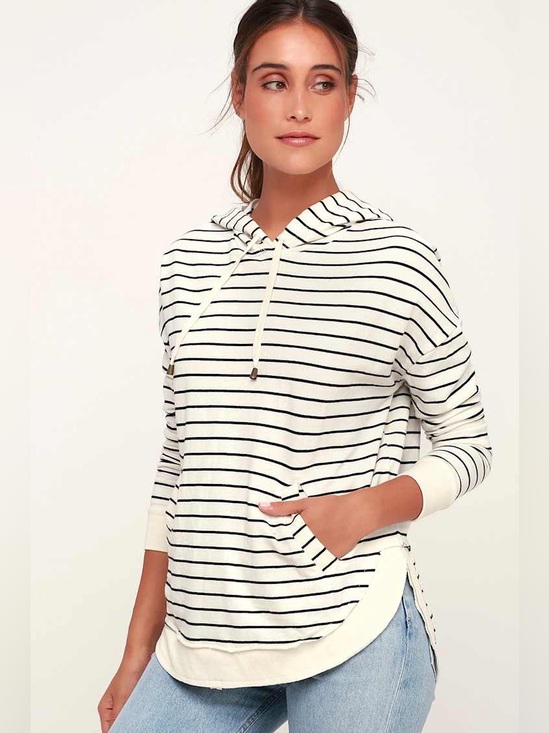Z Supply Tops - Z Supply Dakota Ivory Striped Pull-Over Hoodie Cozy Hooded Sweater Top - Medium